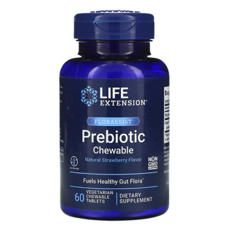 Life Extension, Florassist Prebiotic Chewable, Sabor Natural de Morango, 60 Comprimidos Mastigáveis