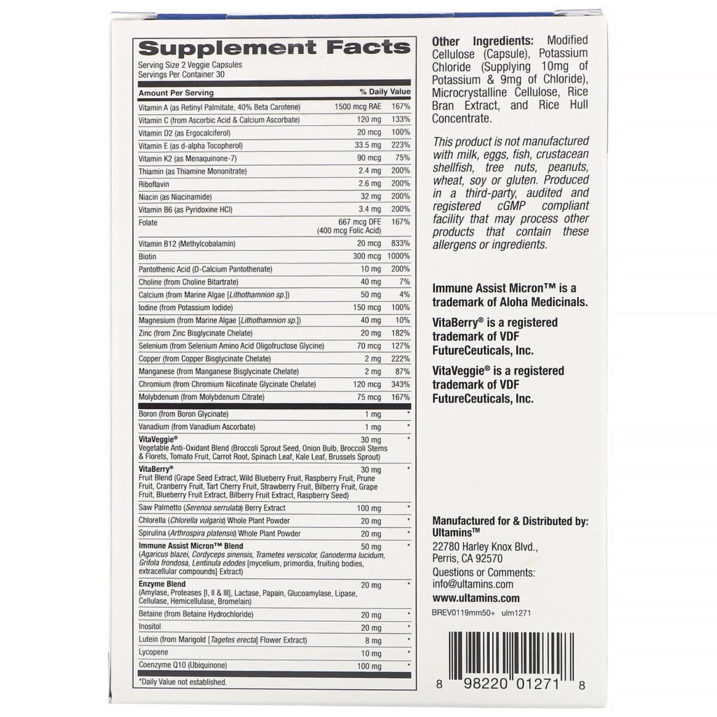 Ultamins, Multivitamínico para Homens Acima de 50 Anos com CoQ10, Cogumelos, Enzimas, Vegetais e Frutos Silvestres, 60 Cápsulas Vegetais - Imagem 2