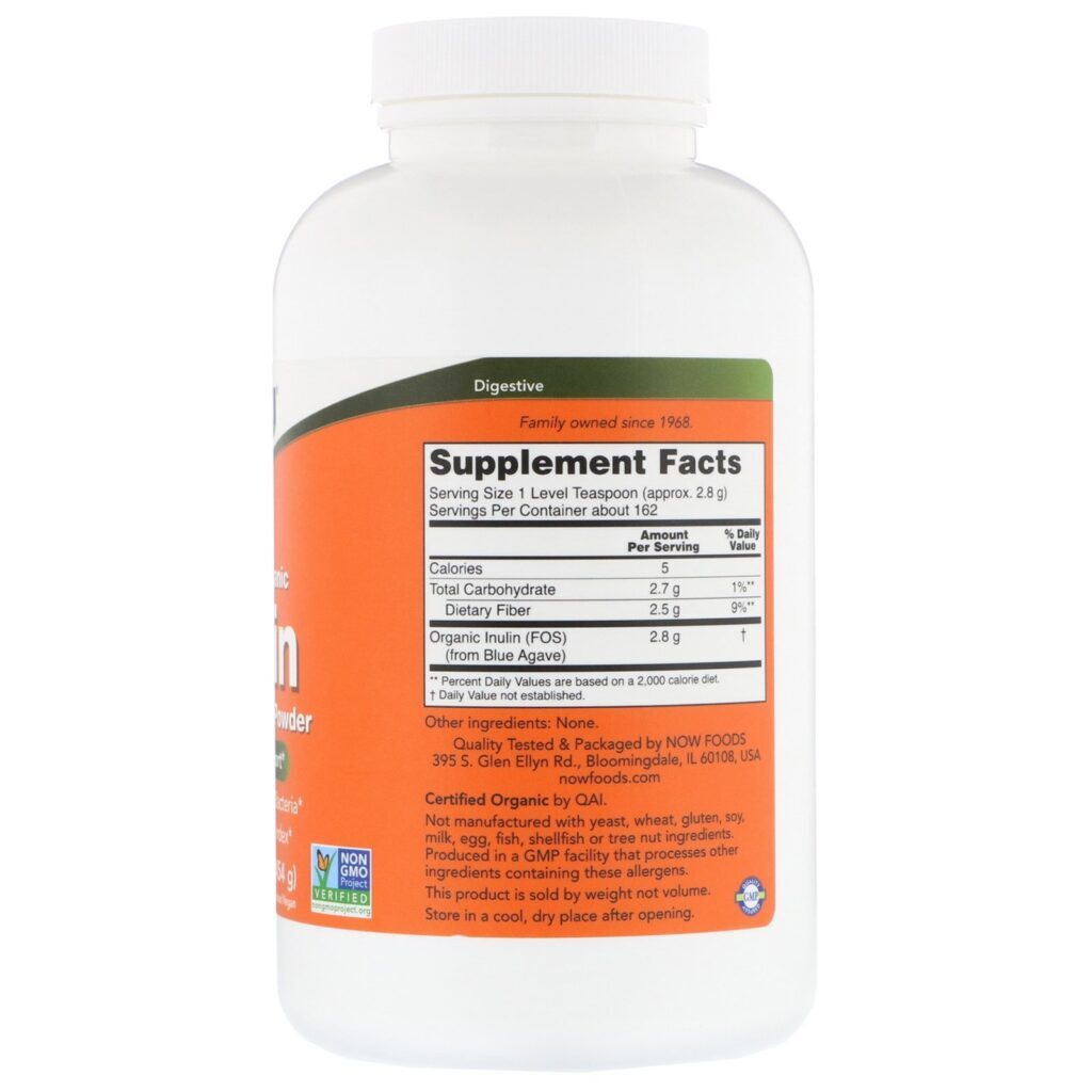 Now Foods, Inulina com Certificação Orgânica, Prebiótico Puro em Pó, 454 g (1 lb) - Imagem 2
