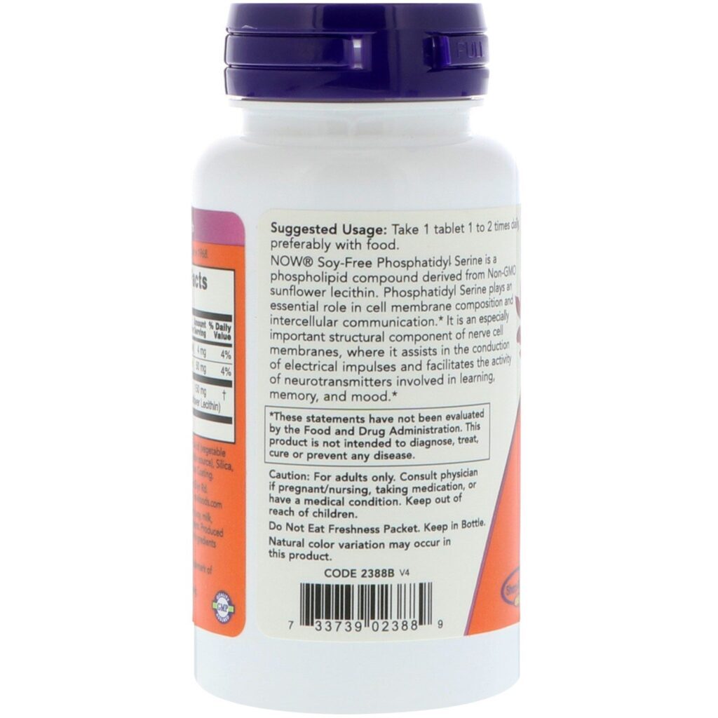 Now Foods, Phosphatidyl Serine, Soy-Free, 150 mg, 60 Comprimidos - Imagem 3