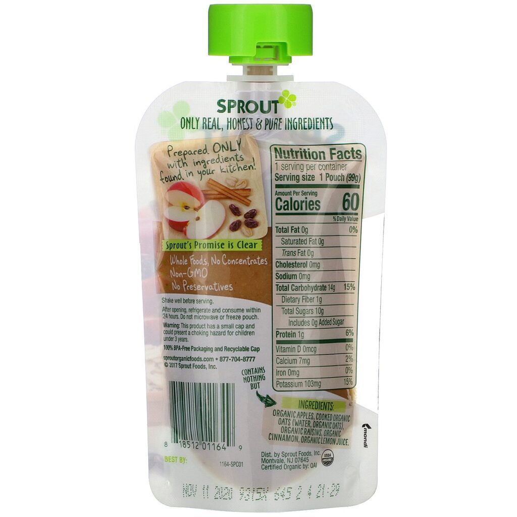Sprout Organic, Baby Food, 6 Months & Up, Apple Oatmeal Raisin with Cinnamon, 3.5 oz (99 g) - Imagem 2