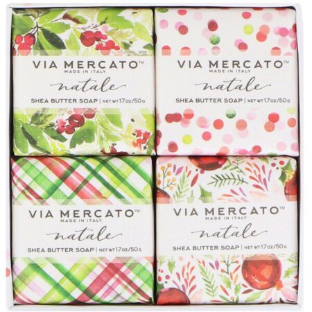 European Soaps, Via Mercato, Natale, Kit de Sabonetes de Manteiga de Karité, 4 Sabonetes, 50 g Cada