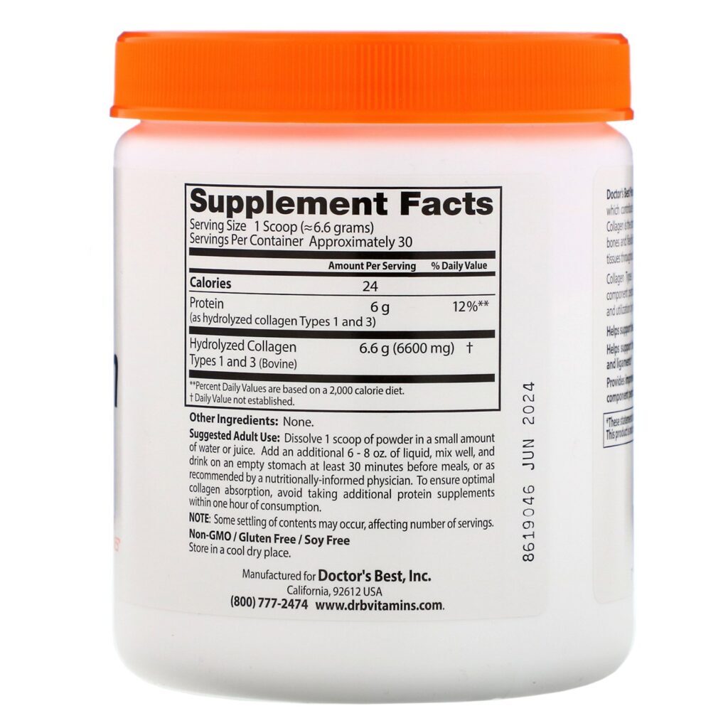 Doctor's Best, Colágeno Puro em Pó, Tipos 1 e 3, 200 g (7,1 oz) - Imagem 2