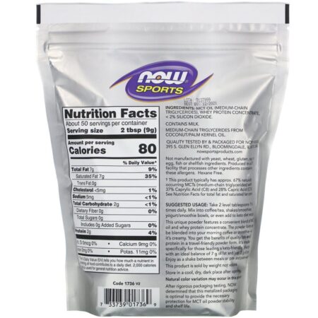 Now Foods, Sports, MCT Powder with Whey Protein, Unflavored, 1 lb (454 g) - Imagem 2