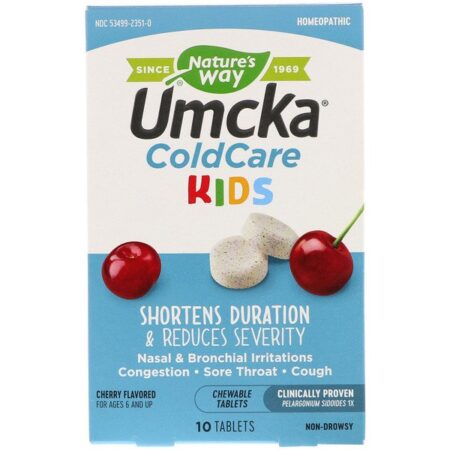 Nature's Way, Umcka, ColdCare Kids, For Ages 6 and Up, Cherry Flavored, 10 Chewable Tablets