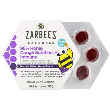 Zarbee's, 96% Honey Cough Soothers + Immune Support, Natural Mixed Berry Flavor, Ages 5+, 14 Pieces - Image 2