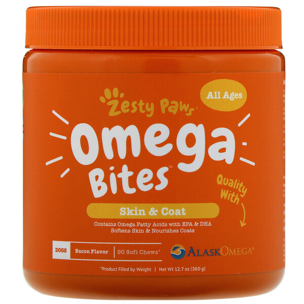 Zesty Paws, Omega Bites for Dogs, Pele e Pelo, Sabor Bacon, 90 Gomas Mastigáveis