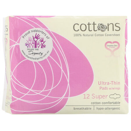 Cottons, Absorventes Ultrafinos com Abas, Cobertura de Algodão 100% Natural, Super, 12 Absorventes