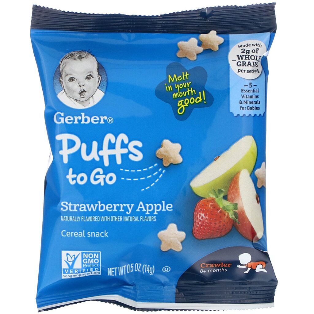 Gerber, Puffs to Go, 8+ Months, Strawberry Apple, 12 Snack Packs, 0.5 oz (14 g) Each - Imagem 3
