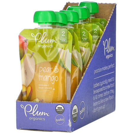 Plum Organics, Organic Baby Food, Stage 2, Pear & Mango,, 6 Poches, 4 oz (113 g) Each