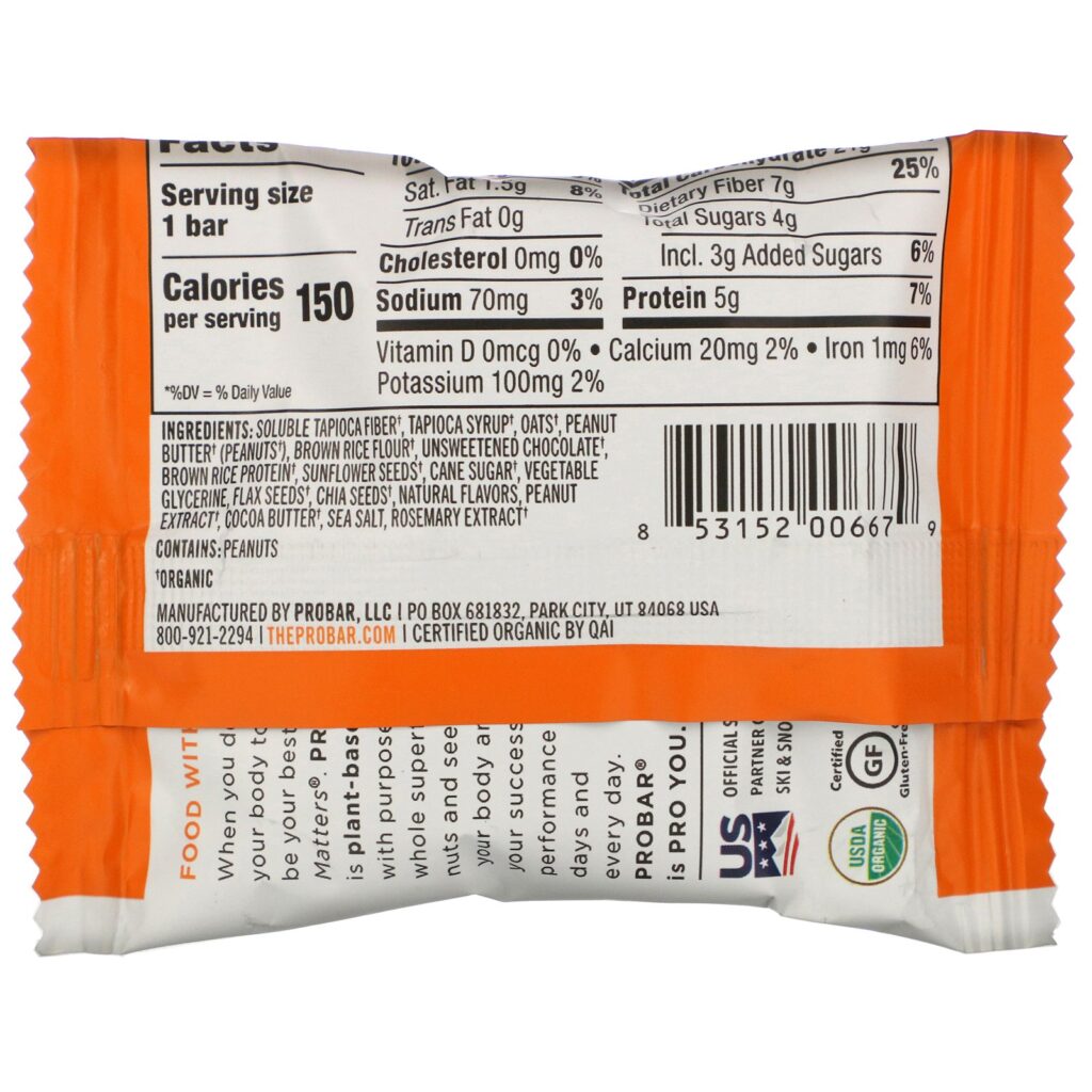 ProBar, Bite, Organic Snack Bar, Peanut Butter Chocolate Chip, 1.3 oz (37 g) - Imagem 2