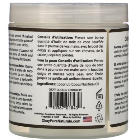 Okay Pure Naturals, 100% Pure Coconut Oil, Deep Moisturizing, 6 oz (177 ml) - Image 2