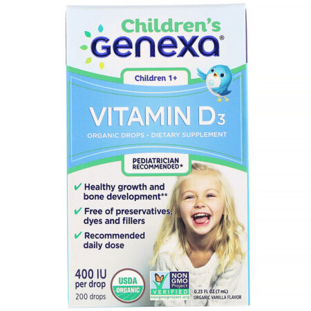 Genexa, Vitamina D3 para Crianças, Crianças 1+, Sabor de Baunilha Orgânica, 400 UI, 7 ml (0,23 fl oz)