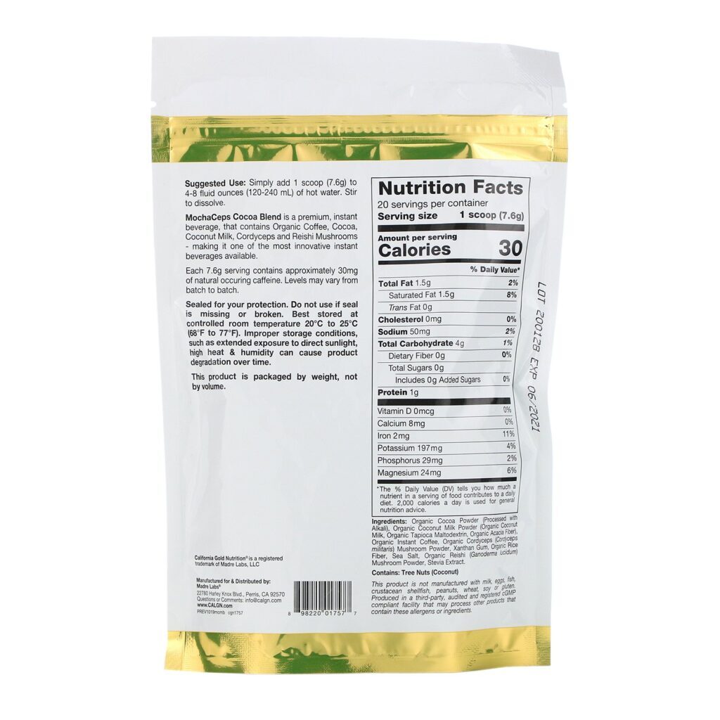 California Gold Nutrition, MochaCeps, Bebida Instantânea com Sabor de Mocha com Cacau Orgânico, Café, Cordyceps e Cogumelo Reishi, 152 g (5,36 oz) - Imagem 2