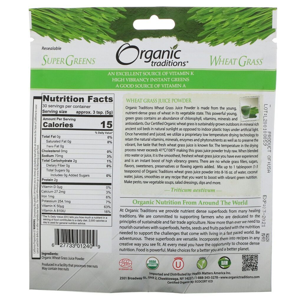 Organic Traditions, Wheat Grass Juice Powder, 5.3 oz (150 g) - Imagem 2