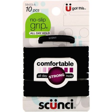 Scunci, Elásticos No Slip Grip, confortáveis, mantêm os cabelos firmemente presos o dia todo, pretos, 10 peças