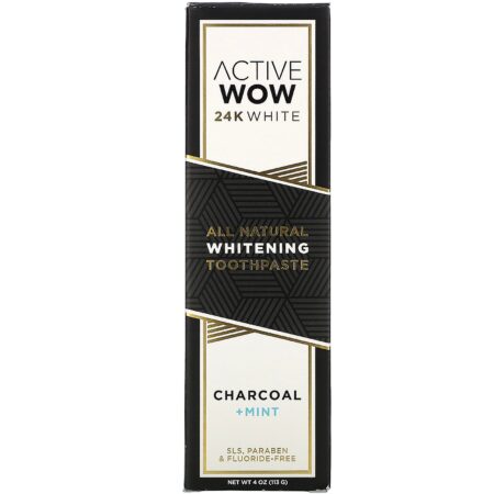 Active Wow, 24K White, All Natural Whitening Toothpaste, Charcoal + Mint, 4 oz (113 g) - Image 2