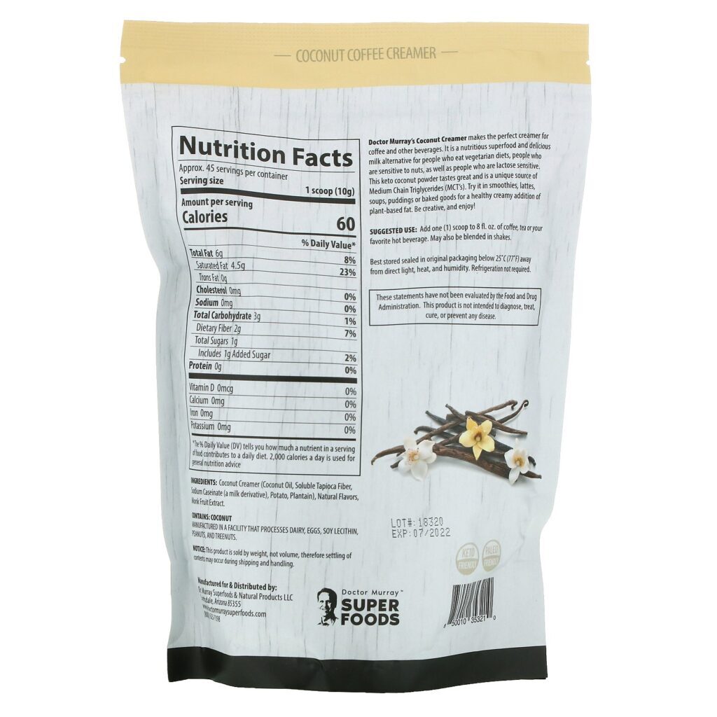 Dr. Murray's, Super Foods, Keto Coconut Creamer, Vanilla, 16 oz (453.5 g) - Imagem 2