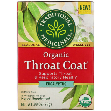 Traditional Medicinals, Organic Throat Coat, Eucalyptus, Caffeine Free, 16 Wrapped Tea Bags, .99 oz (28 g)