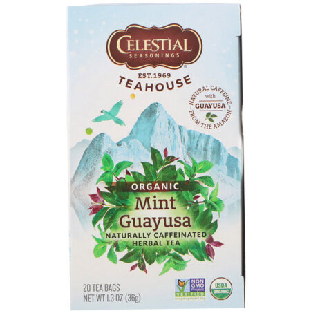 Celestial Seasonings, Teahouse, Chá de Ervas Orgânico, Guayusa e Hortelã, 20 Saquinhos de Chá, 1,3 oz (36 g)