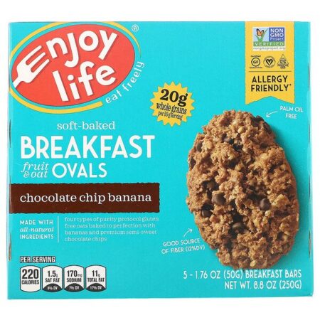 Enjoy Life Foods, Soft-Baked Breakfast Fruit & Oat Ovals, Banana com Gotas de Chocolate, 5 Barras, 50 g (1,76 oz) Cada