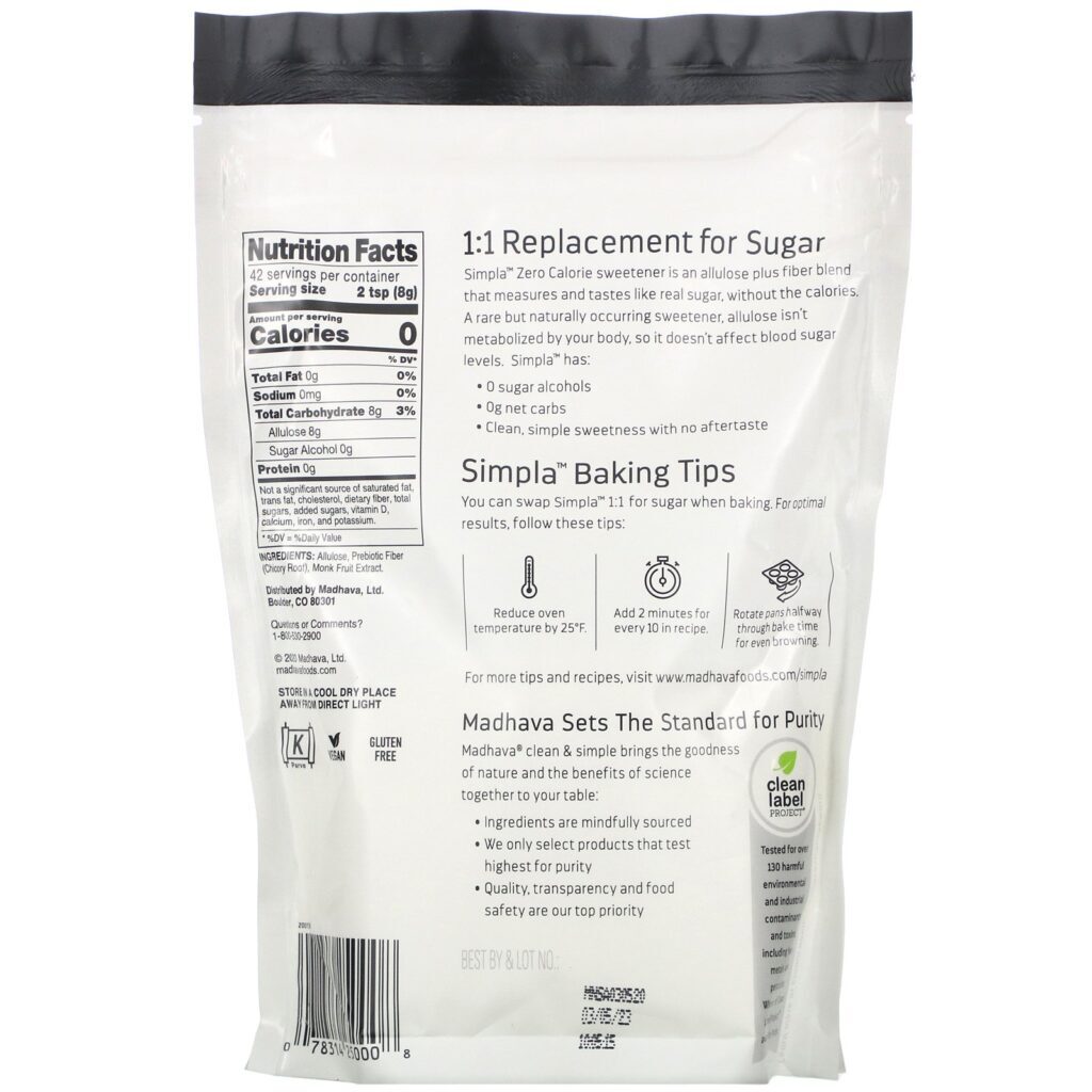 Madhava Natural Sweeteners, Clean & Simple, Simpla Zero Calorie, Allulose Sweetener, 12 oz (340 g) - Imagem 2