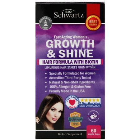 BioSchwartz, Fast Acting Women's Growth & Shine, Fórmula para os Cabelos com Biotina, 60 Cápsula Vegetais