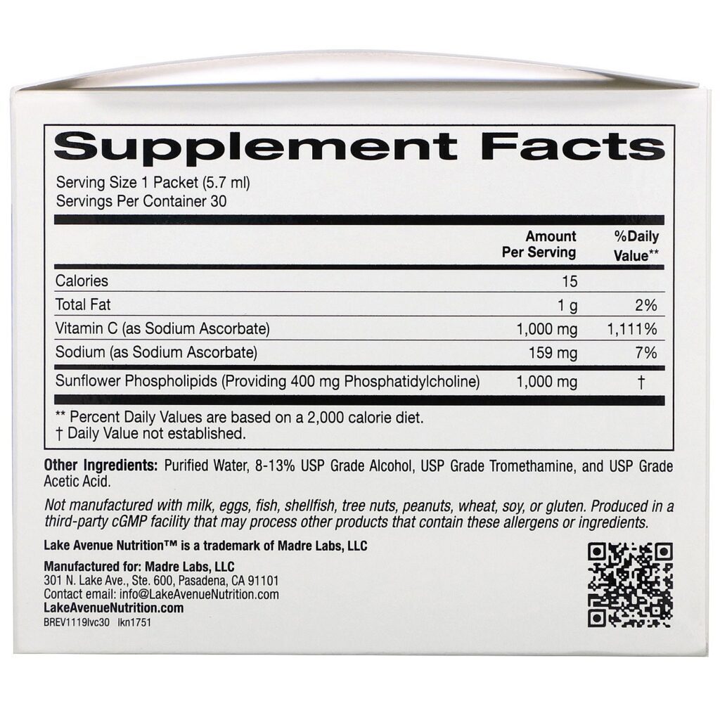 Lake Avenue Nutrition, Vitamina C Lipossomal, Sem Sabor, 1.000 mg, 30 Envelopes, 5,7 ml (0,2 oz) Cada - Imagem 2