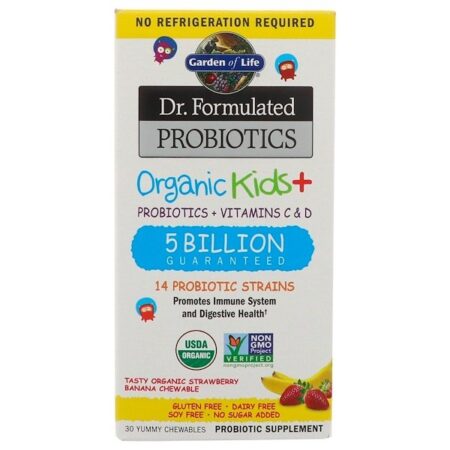 Garden of Life, Dr. Formulated Probióticos, Kids Orgânico +, Banana e Morango Orgânicos Deliciosos, 30 Deliciosos Mastigáveis