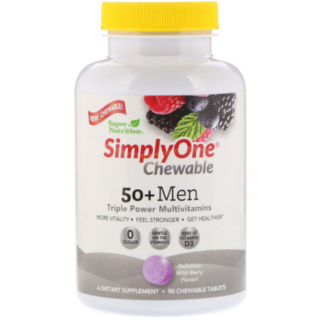 Super Nutrition, SimplyOne, Multivitamínico de Potência Tripla para Homens Acima dos 50, Sabor Frutas Silvestres, 90 Comprimidos Mastigáveis