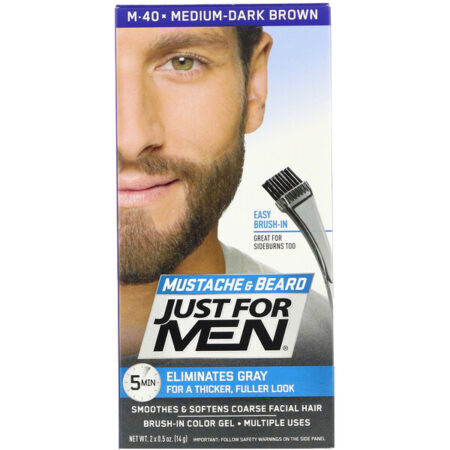 Just for Men, Bigode e barba, gel de coloração com pincel, Medium-Dark Brown M-40, 2 de 14 g