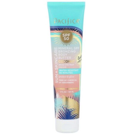 Pacifica, Sun + Skincare, Mineral SPF Bronzing Body Butter, SPF 50, Coconut, 5 fl oz (147 ml)