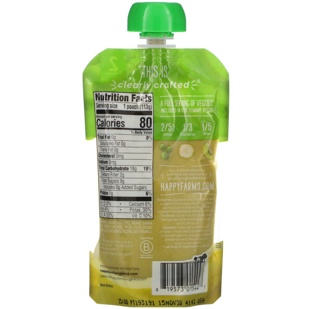Happy Family Organics, Happy Baby, Organic Baby Food, Stage 2, 6+ Months, Peas, Bananas & Kiwi, 4 oz (113 g) - Imagem 2