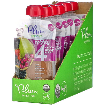 Plum Organics, Mighty 4, 4 Food Group Blend, Tots, Pear, Cherry, Blackberry, Strawberry, Black Bean, Spinach, Oat, 6 Pouches, 4 oz (113 g) Each