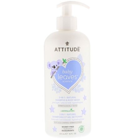 ATTITUDE, Baby Leaves Science, Shampoo 2-em-1 e Sabonete Líquido Natural, Leite de Amêndoas, frasco de 16 oz (473 ml)