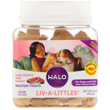 Halo, Liv-A-Littles, recompensas de proteína, 100% salmão selvagem inteiro, para cães e gatos, 1,6 onças (45,3 g)