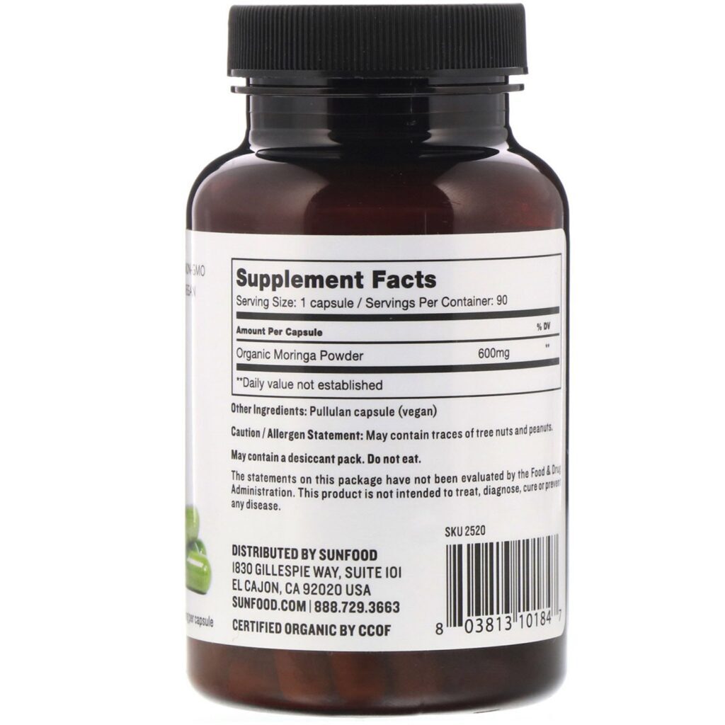 Sunfood, Moringa Capsules, 600 mg, 90 Capsules - Imagem 2