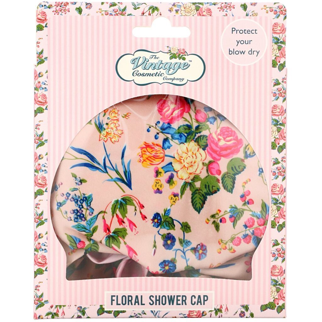 The Vintage Cosmetic Co., Shower Cap, Pink Floral Satin, 1 Count - Imagem 2