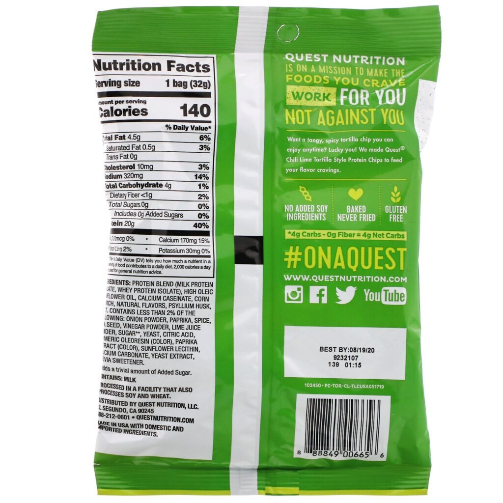 Quest Nutrition, Tortilla Style Protein Chips, Chili Lime, 12 Bags, 1.1 oz (32 g) Each - Imagem 2