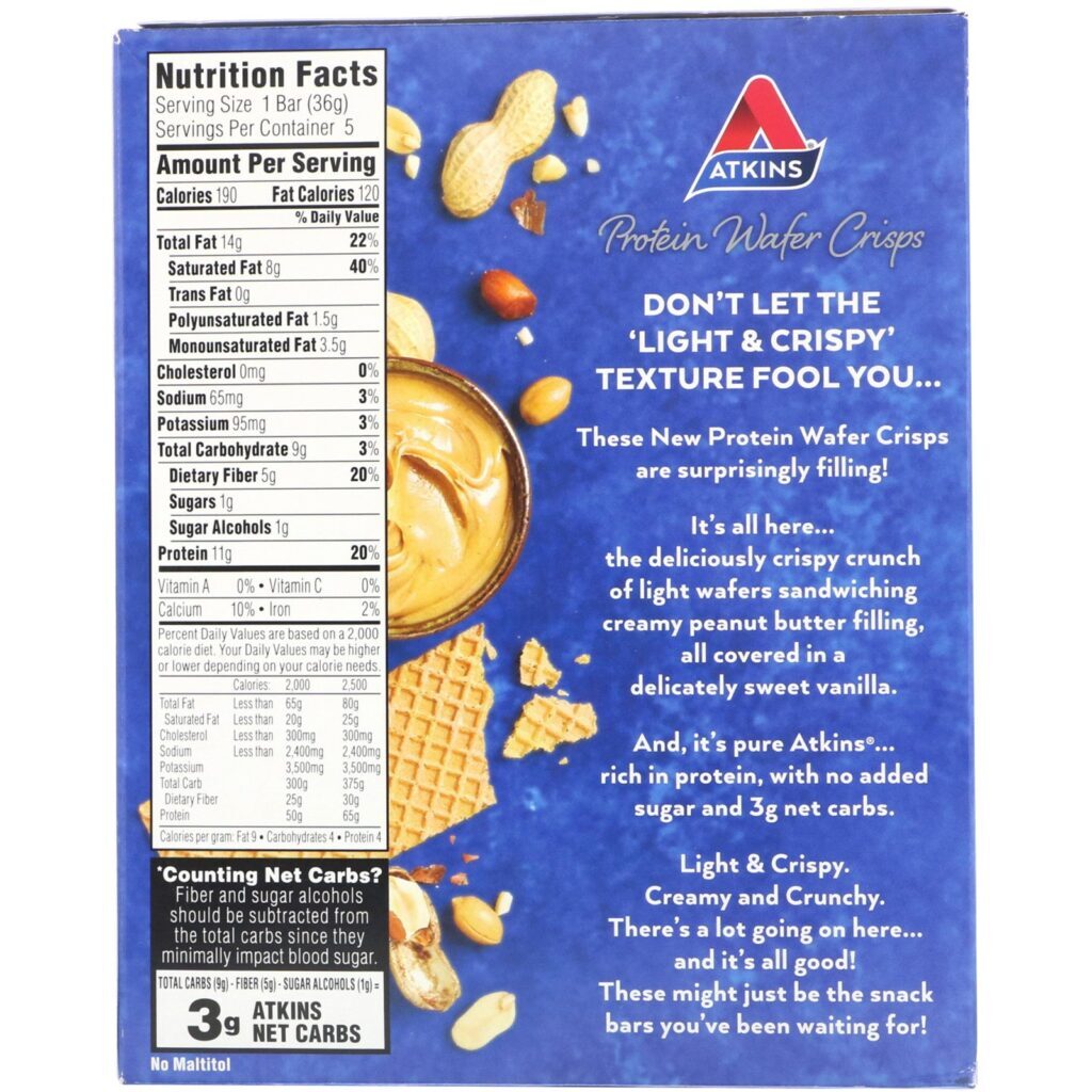 Atkins, Bolacha Wafer de Proteína, Manteiga de Amendoim, 5 Barras, 1,27 oz (36 g) Cada - Imagem 2