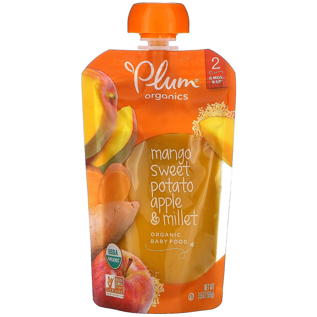 Plum Organics, Organic Baby Food, 6 Months & Up, Mango, Sweet Potato Apple & Millet, 6 Pouches,3.5 oz (99 g) Each - Imagem 2