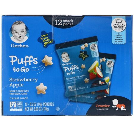 Gerber, Puffs to Go, 8+ Months, Strawberry Apple, 12 Snack Packs, 0.5 oz (14 g) Each