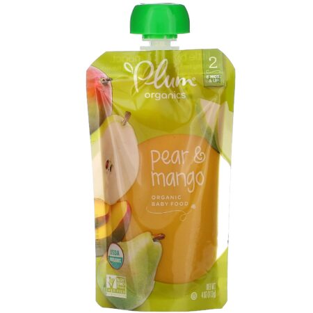 Plum Organics, Organic Baby Food, Stage 2, Pear & Mango,, 6 Poches, 4 oz (113 g) Each - Image 2