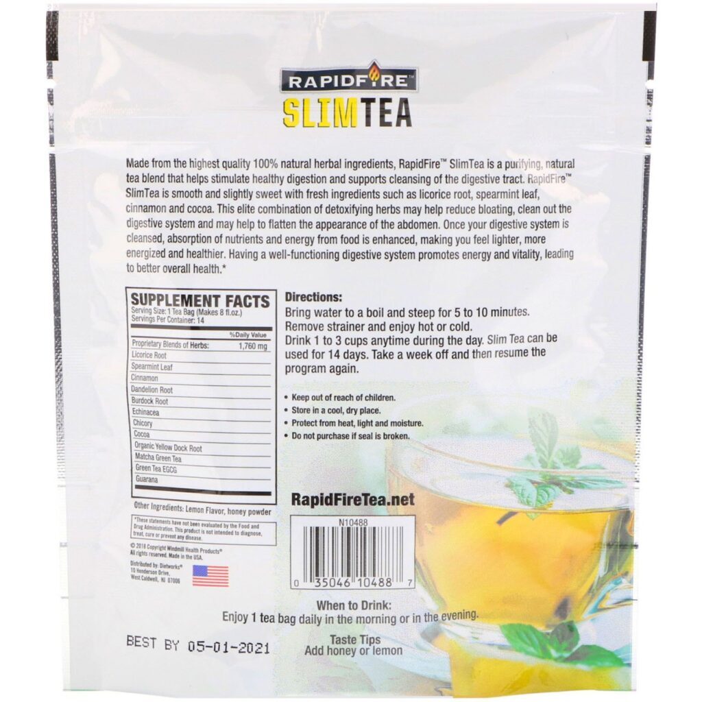 RAPIDFIRE, SlimTea, chá detox herbal para 14 dias, chá de matcha, sabor de limão de verdade, 14 saquinhos de chá - Imagem 2