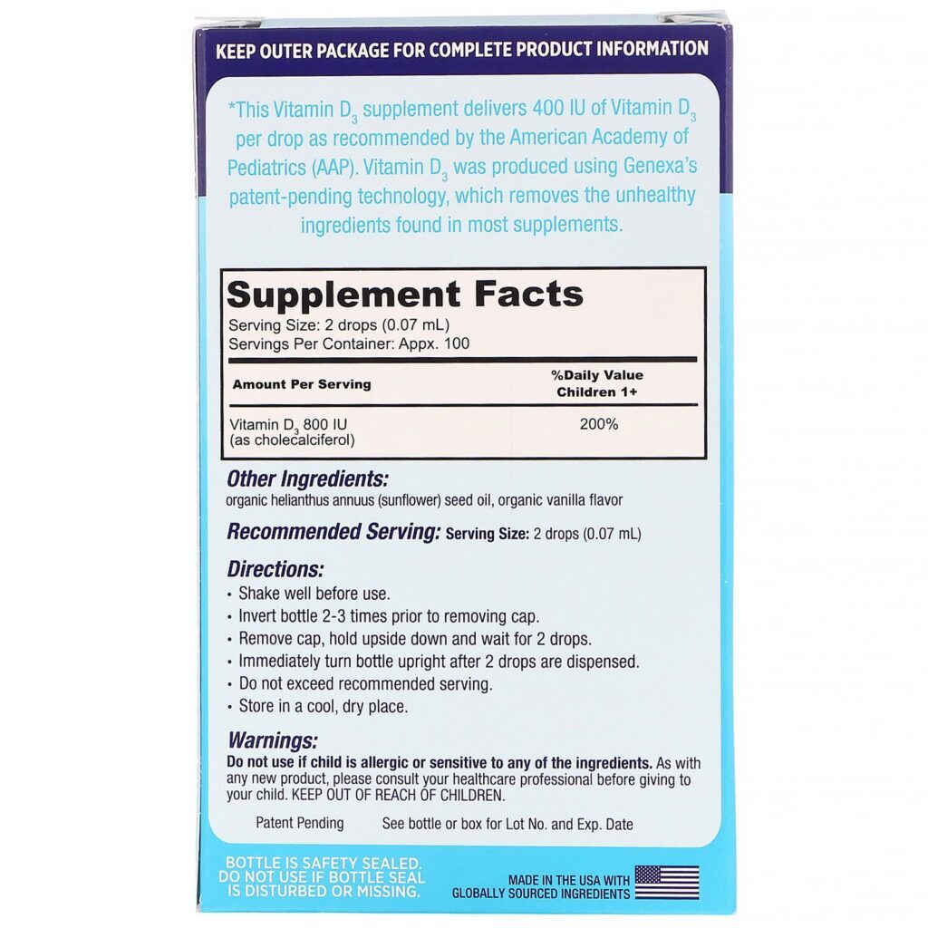 Genexa, Vitamina D3 para Crianças, Crianças 1+, Sabor de Baunilha Orgânica, 400 UI, 7 ml (0,23 fl oz) - Imagem 2