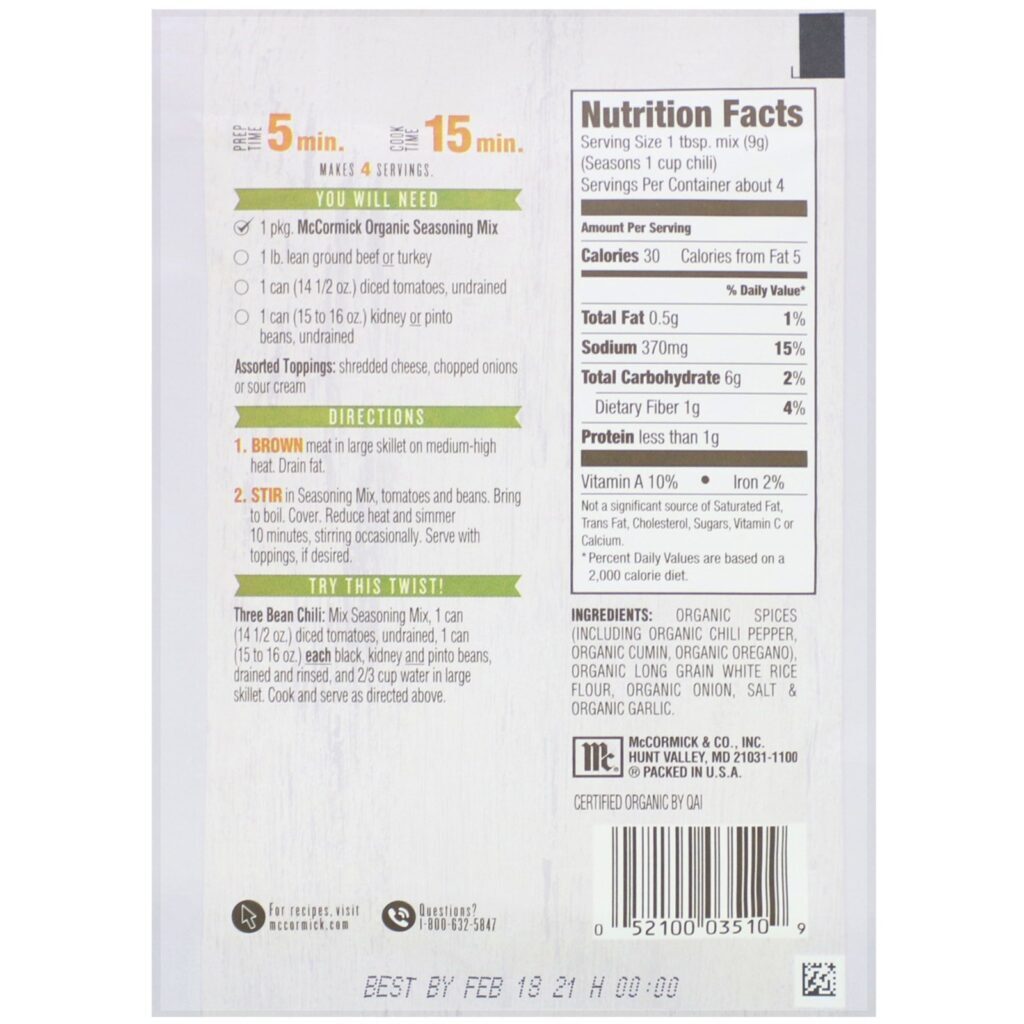 McCormick, Organic Seasoning Mix, Chili, 1.25 oz (35 g) - Imagem 2