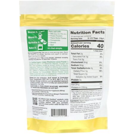 California Gold Nutrition, Superfoods, Cacau em Pó Orgânico, 240 g (8,5 oz) - Imagem 2