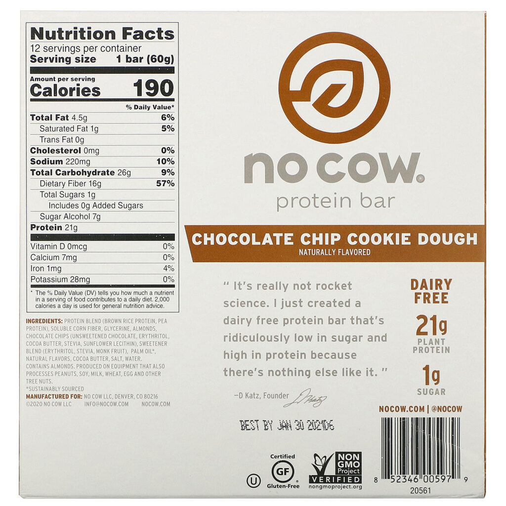 No Cow, Protein Bar, Chocolate Chip Cookie Dough, 12 Bars, 2.12 oz (60 g) Each - Imagem 3