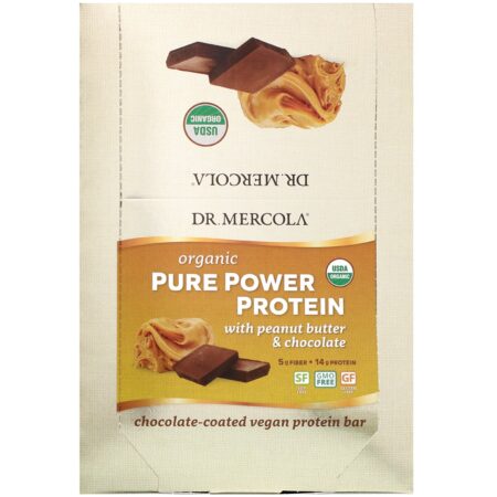 Dr. Mercola, Organic Pure Power Protein Bar, Peanut Butter & Chocolate, 12 Bars, 1.83 oz (52 g) Each - Image 2