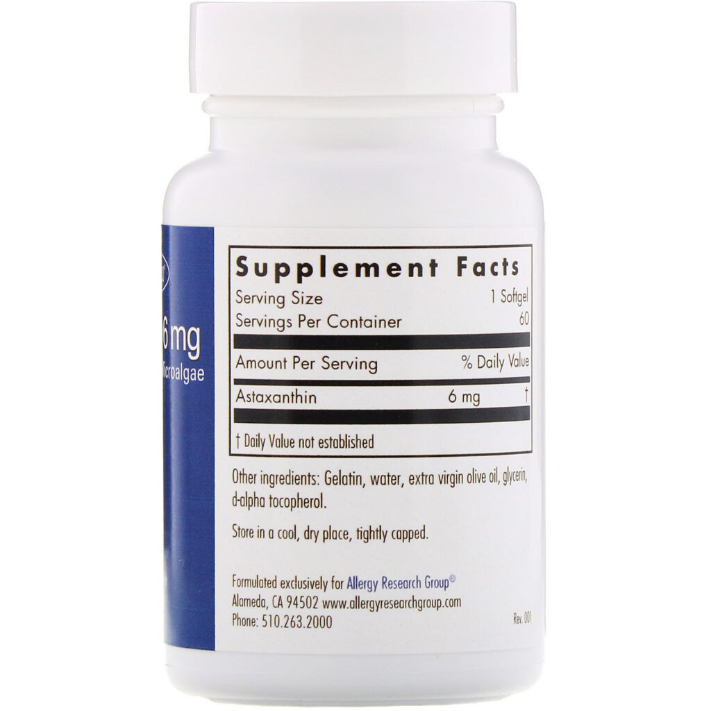 Allergy Research Group, Astaxanthin, 6 mg, 60 Softgels - Imagem 2